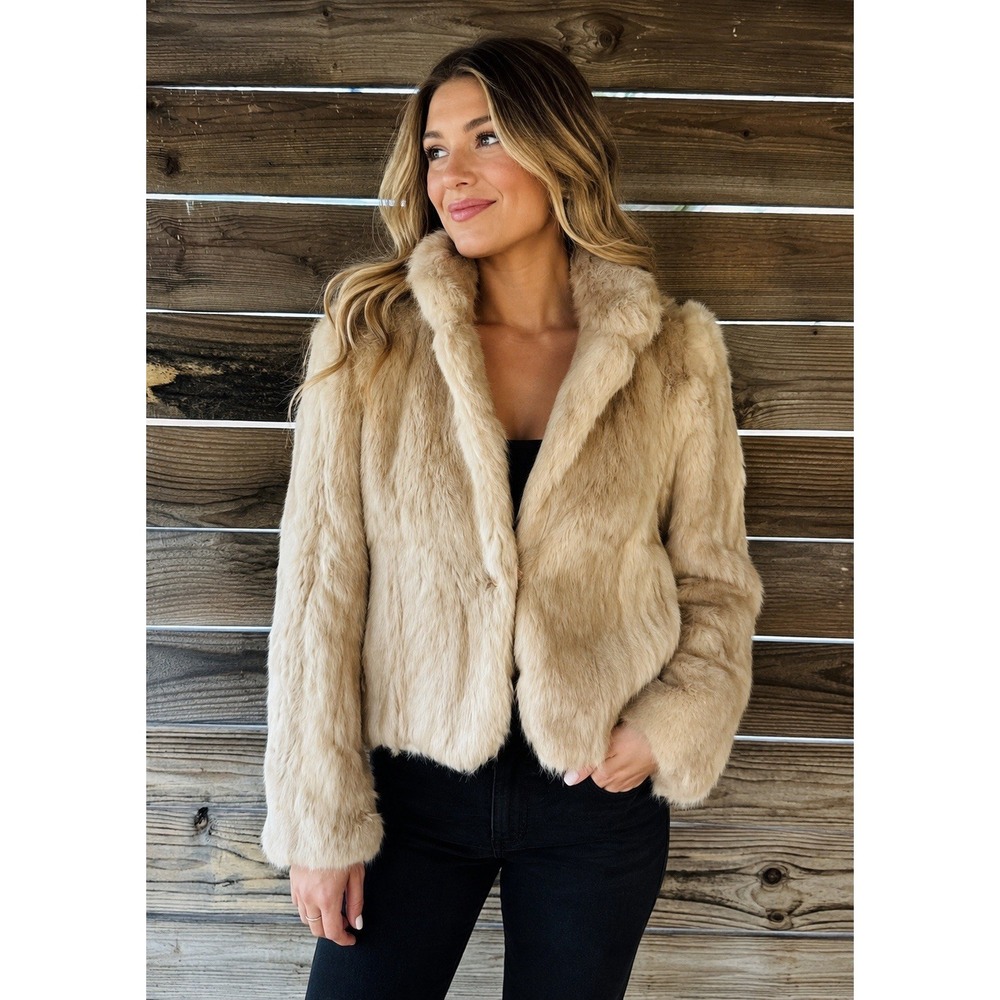 Vintage 100% Rabbit Fur Jacket SOFT! Size Large (10-12) Beige Made In Korea